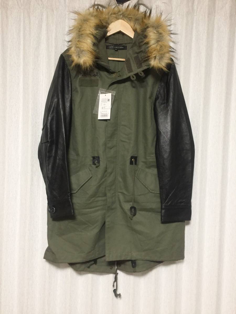 未使用☆[COLLARS] 定価32，400 フーデッドファー袖レザーモッズコート L シープレザー 羊革 カラーズ