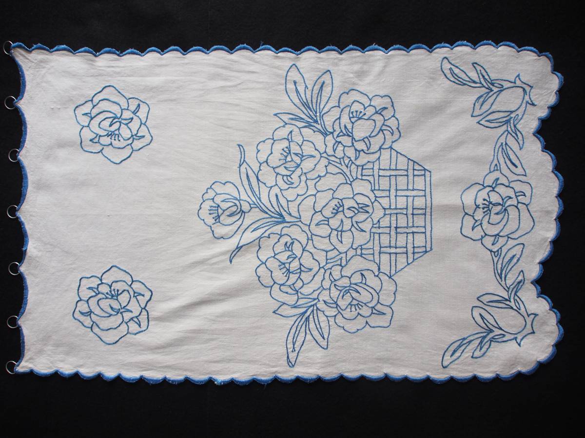 フランス 青色手刺繍 花かご 72.5㎝ 壁掛け タペストリー カーテン