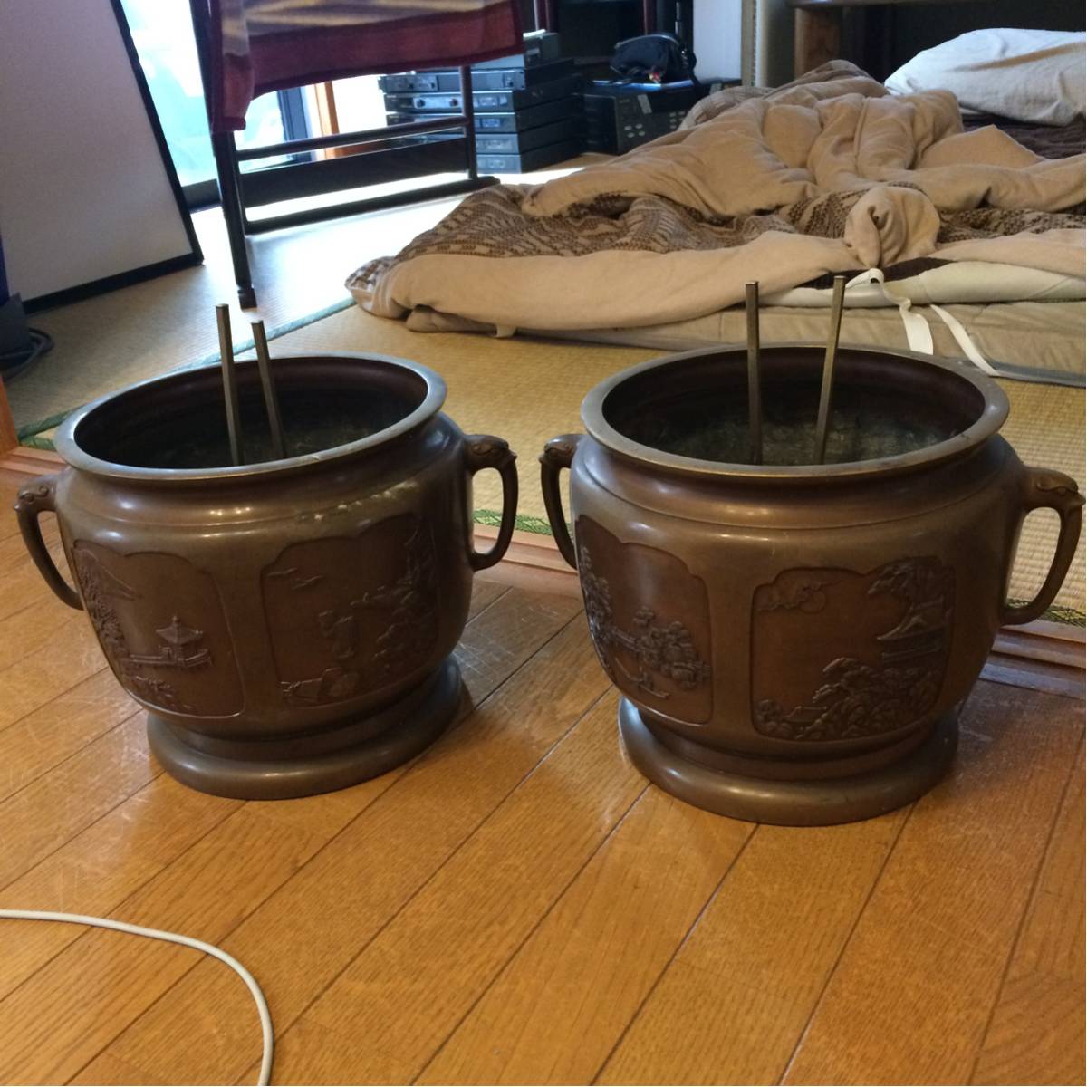 銅製 獣耳銅火鉢 明治時代 骨董品 風景盛 宣徳銅 古銅 時代