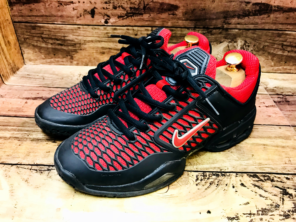 必見!NIKE ZOOM AIR/ナイキ ズームエアー高級レザースニーカー US7.5/25.5cm表記 ブラック×レッド AIR MAX タテナイキ 風車 ゴツナイキ □