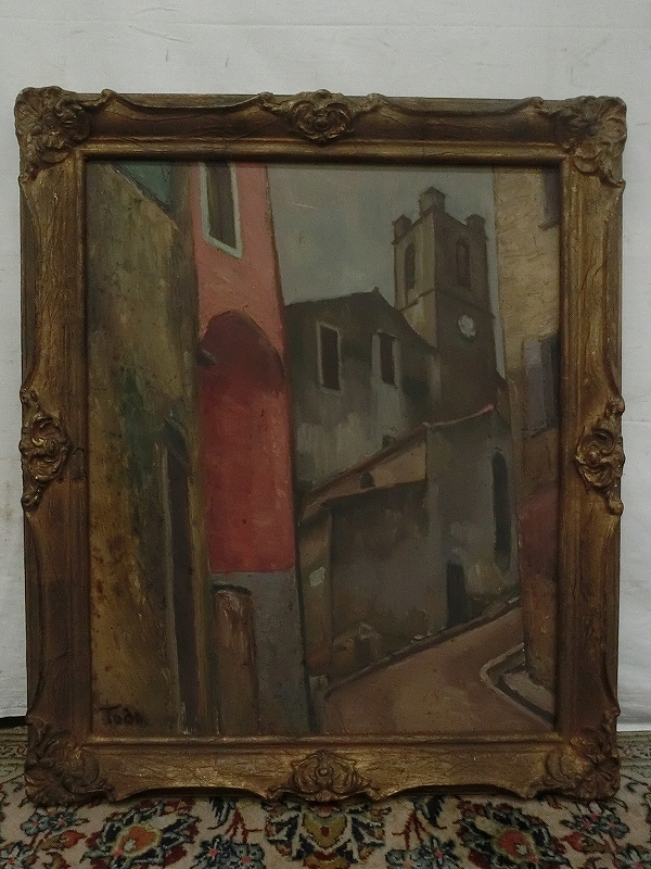 E10336 Todaサイン 路地建物風景 油彩 F20 額装 三越シール