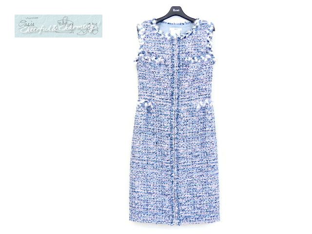 新作 Rene ドレス マリアツイードワンピースワンピース 36 ブルー×ピンクMIX ミンクトリミング Sランク '17年商品 6746070