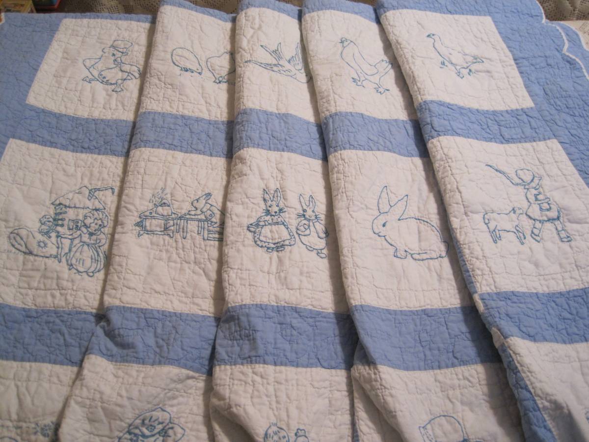 USA アンティーク ビンテージ 刺繍 物語 パッチワークキルト ベッド
