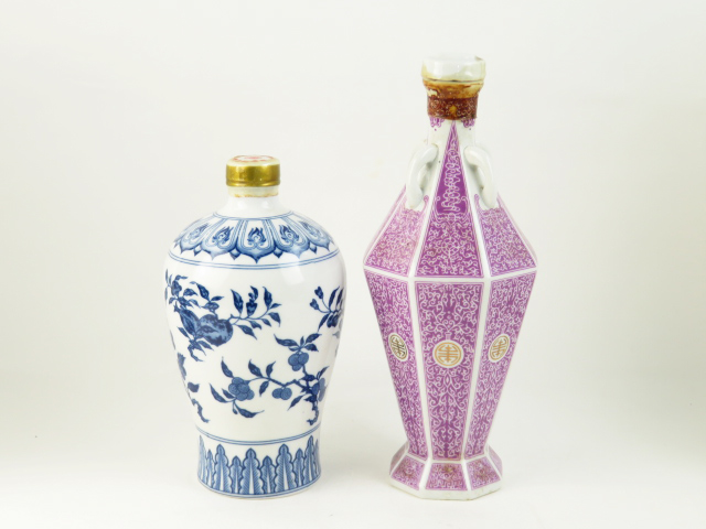 陳年紹興酒 青花花果梅瓶 青花花卉葫芦瓶 陶器ボトル 紹興酒 2本