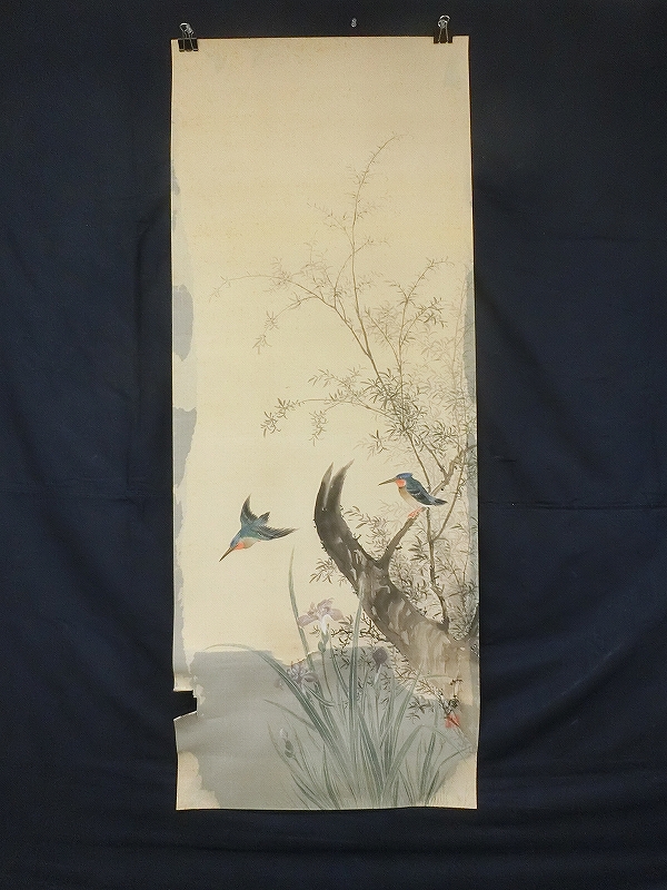 E11138 笠間竹雪 2 菖蒲翡翠図 肉筆絹本 捲り 九谷焼画工 【公式通販】