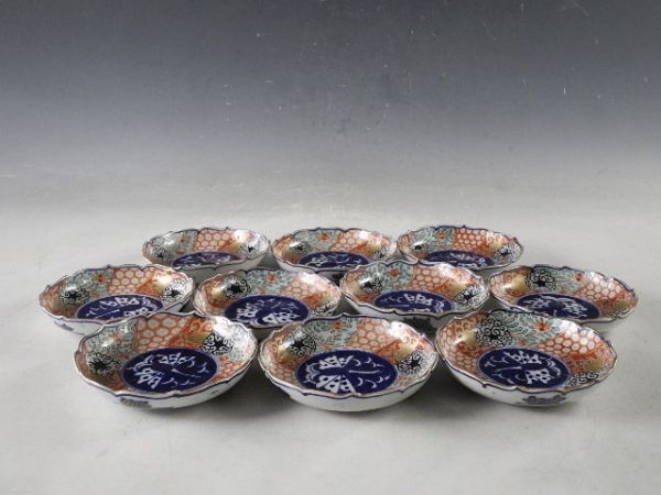 ◆栄◆古伊万里 色絵 花蝶 亀甲文 皿 10客 無傷完品 江戸期 20ta8