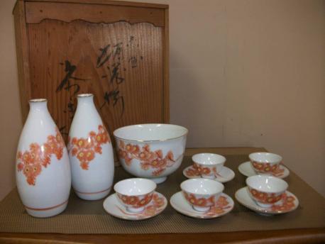 激安】骨董品 九谷焼 金彩 菊赤絵 酒器揃 在銘 長期保管品 現状優先