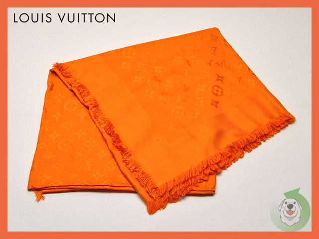 LOUIS VUITTON オレンジ ストール 1円】LV ルイヴィトン 大判ストール モノグラム柄 オレンジ シルク