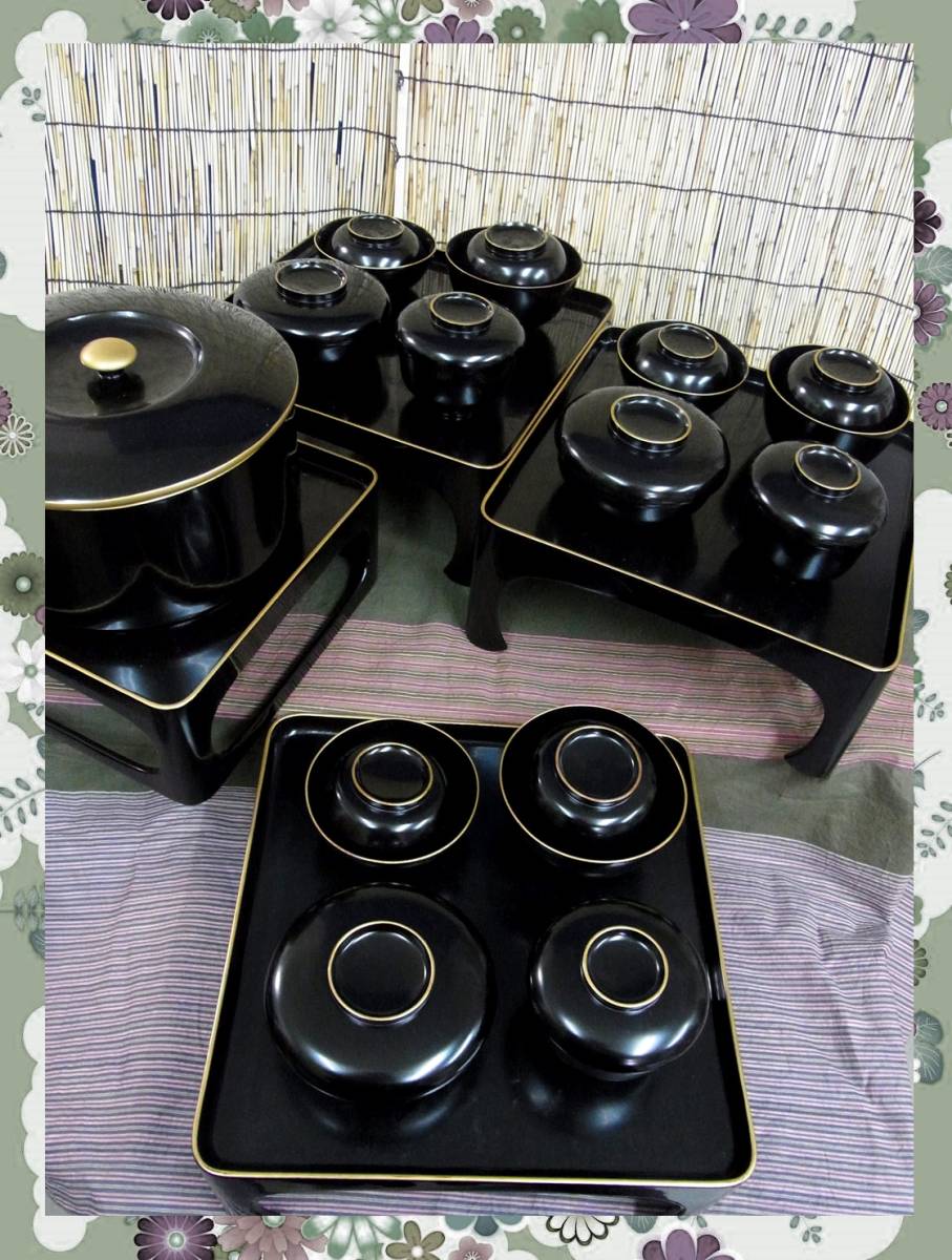 ☆大正昭和初期 黒膳 お膳とお櫃三人前セット 木製漆芸漆器 木箱棚入り 