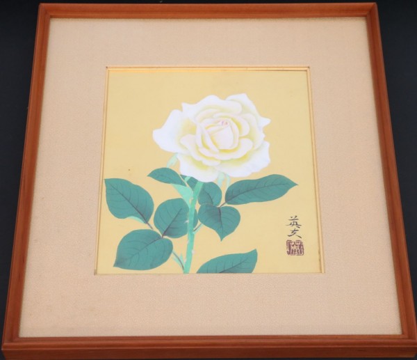 青木英夫「花」 白ばら 真作 額装 日本画 絵画 美術 肉筆(C5575) 額装