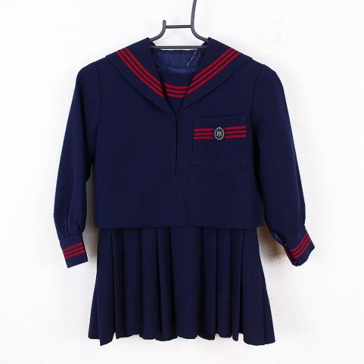 1円 セーラー服 学生服 上下セット 冬物 ジャンバースカート 女子 小学校 学生 制服 赤3本線 通学用 中古 紺 AL8221