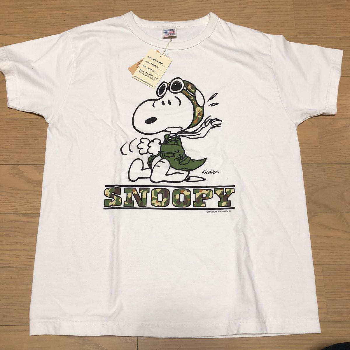 未使用品 BUZZ RICKSON × PEANUTS コラボ Tシャツ L スヌーピー フライングエース 迷彩ロゴ USA製