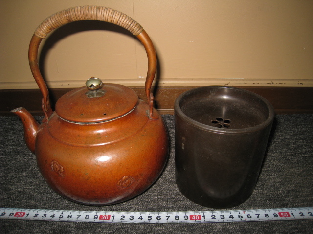 煎茶道具 山川堂造 純銅 葉文 手打 湯沸し 箱付 M R9568 美術品