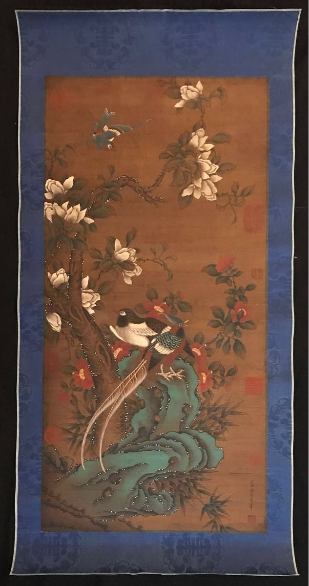 中国美術 掛軸 掛け軸 絹本 肉筆保証 花鳥図 サイズ約102.5cm×51cm