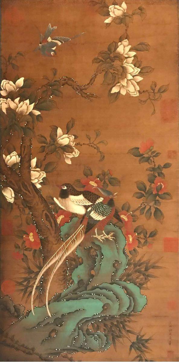 中国美術 掛軸 掛け軸 絹本 肉筆保証 花鳥図 サイズ約102.5cm×51cm