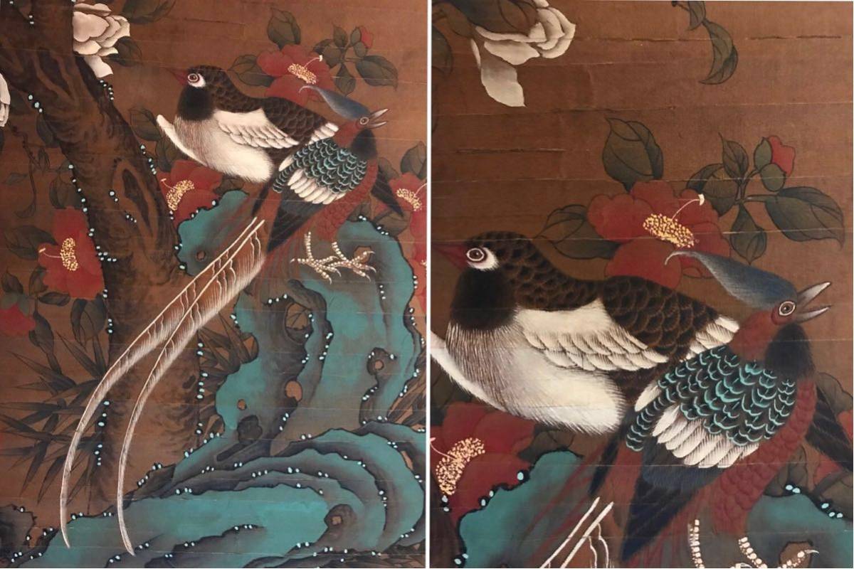 中国美術 掛軸 掛け軸 絹本 肉筆保証 花鳥図 サイズ約102.5cm×51cm