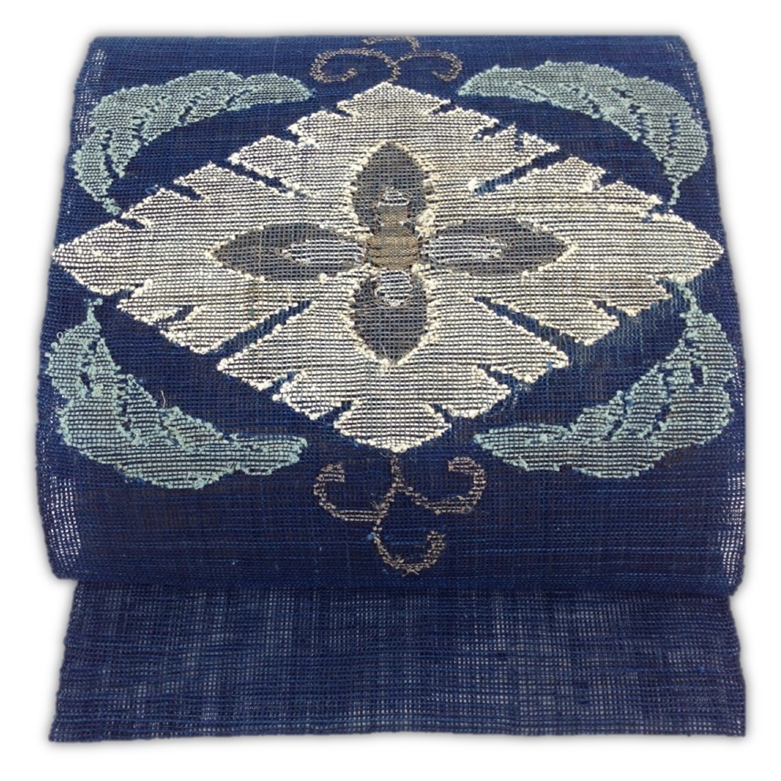 真綿系の本藍名古屋帯★美品 誠実屋】 美品 夏帯 苧麻 粗紗 八寸名古屋帯 上品な花菱模様 幾何学