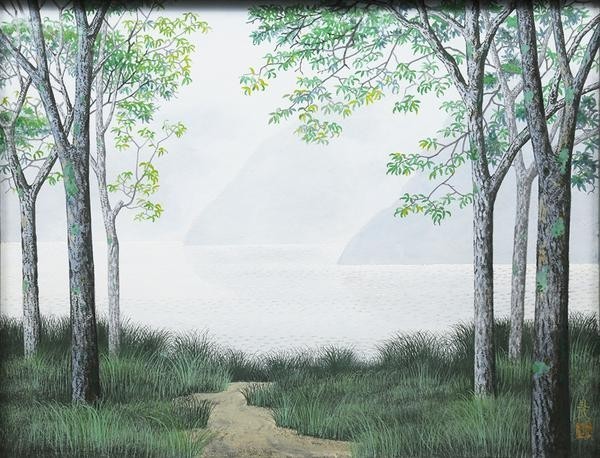 【WISH】●佐藤晨 10号 創画会会員 日本画「山湖」共シール リアリズム傑作　[真作保証] 摩美大卒、新作家展新作家賞4ra#jm18030847APMTae1