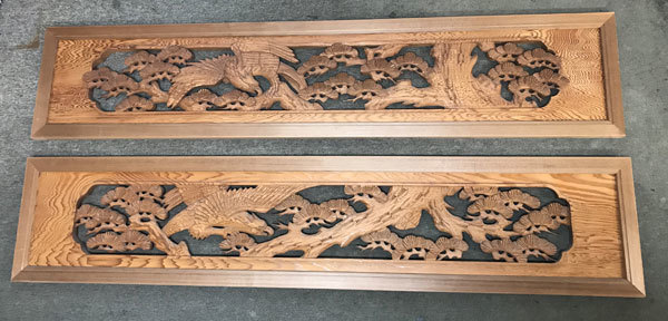 【中古品】欄間 らんま 木彫り 建具 松 鷹 タカ 2枚セット