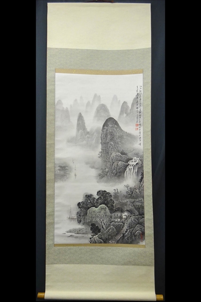 紙本 掛け軸 在銘 掛軸 肉筆 大幅掛軸 『煙峡帆影 a081718 水墨山水図』