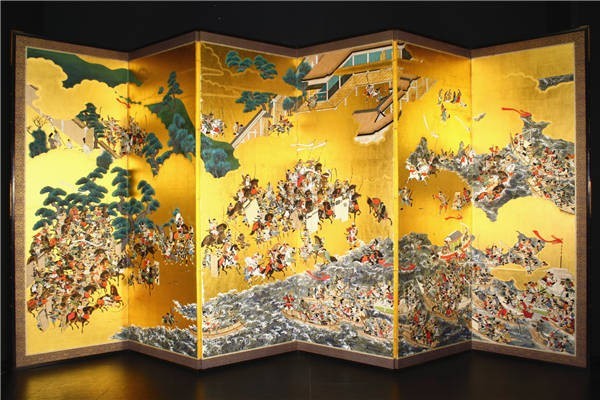 幸】大名品 源平合戦図平屏 六曲一双 一の谷の戦い 時代屏風 〈真作