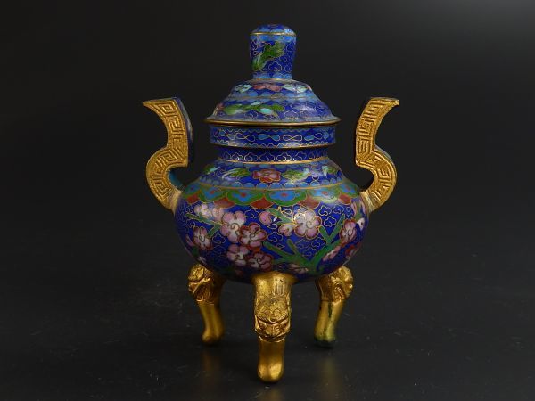 唐物 中国古玩 香炉 七宝焼 七宝 緑屋i□ 木箱 置物 石象嵌 鳥 時代物