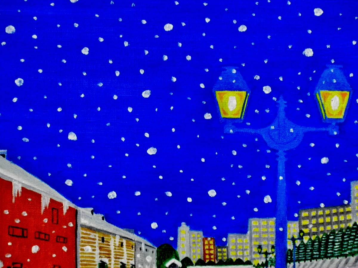 ☆雪降る夜の小樽運河・谷村一男肉筆油彩画・F6・新品額付
