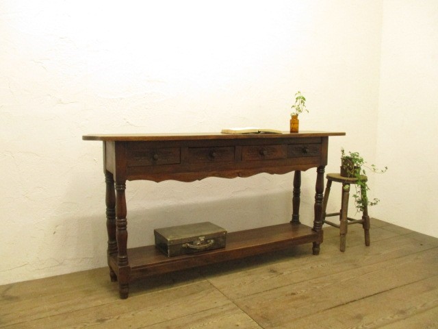 V402◆重厚な味わいのレトロな古い木製テーブル◆店舗什器カフェ喫茶店東南アジアバリ家具陳列台飾り台収納棚ラックデスクC庭