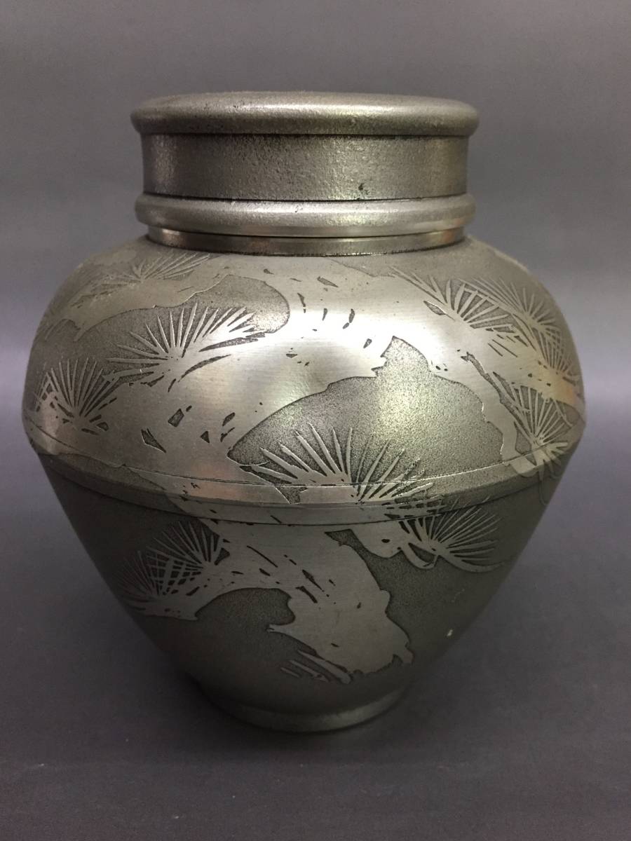 古美術 伝統工芸 本錫製 茶入 茶壺 茶道具 煎茶道具 茶心壷 松竹梅彫金