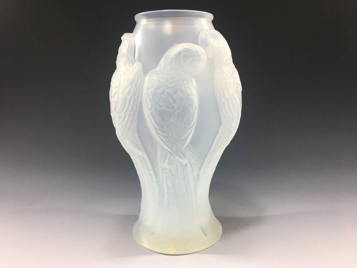 極美品】 ラリック LALIQUE オパルセントガラス 花瓶 鳥 インコ オウム