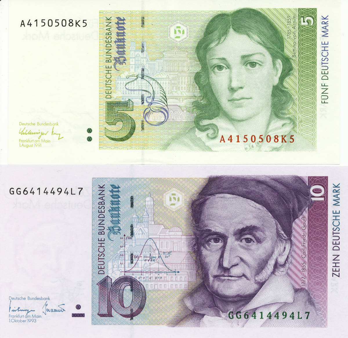 売り切り】 未使用 ドイツ共和国 ユーロ前 5-10マルク 「ベッティーナとガウス」1991-1993年版