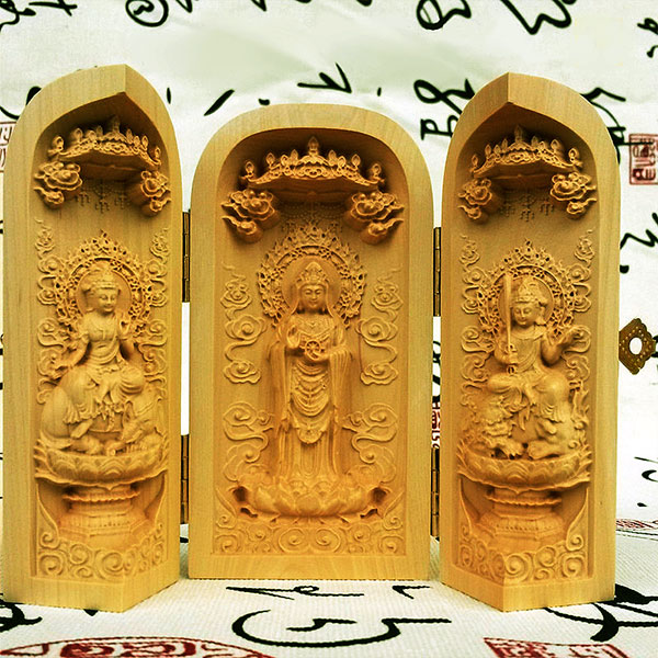 普賢菩薩 文殊菩薩 木彫り 仏像 佛山軒- 南海観音三尊 10㎝高