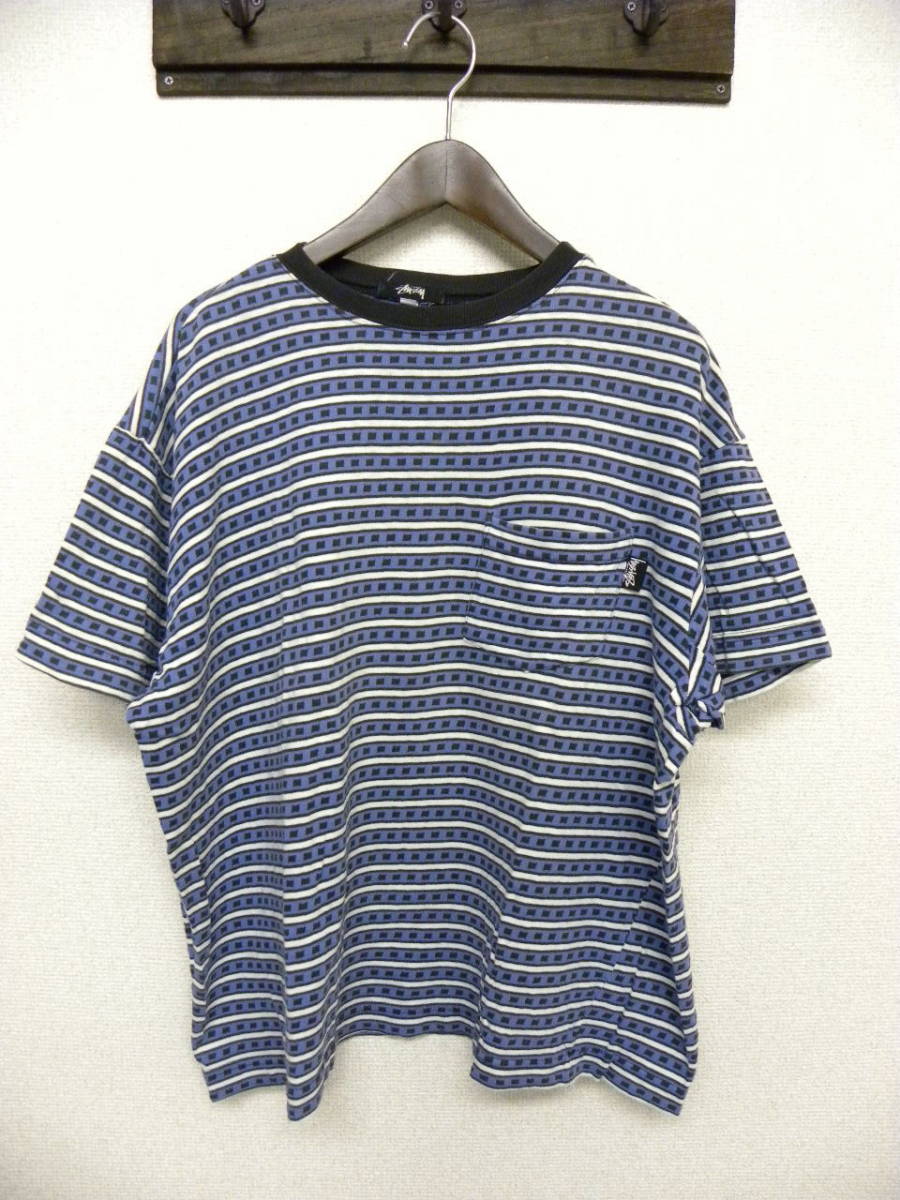 定番人気，送料無料 黒タグ オールド USA製 ステューシー STUSSY 胸ポケット 筆記体 ロゴ ボーダー 総柄 半袖 Tシャツ M MEDIUM OLD VINTAGE 90S 80S(Sサイズ)｜売買されたオークション情報、yahooの商品情報をアーカイブ公開 男性用