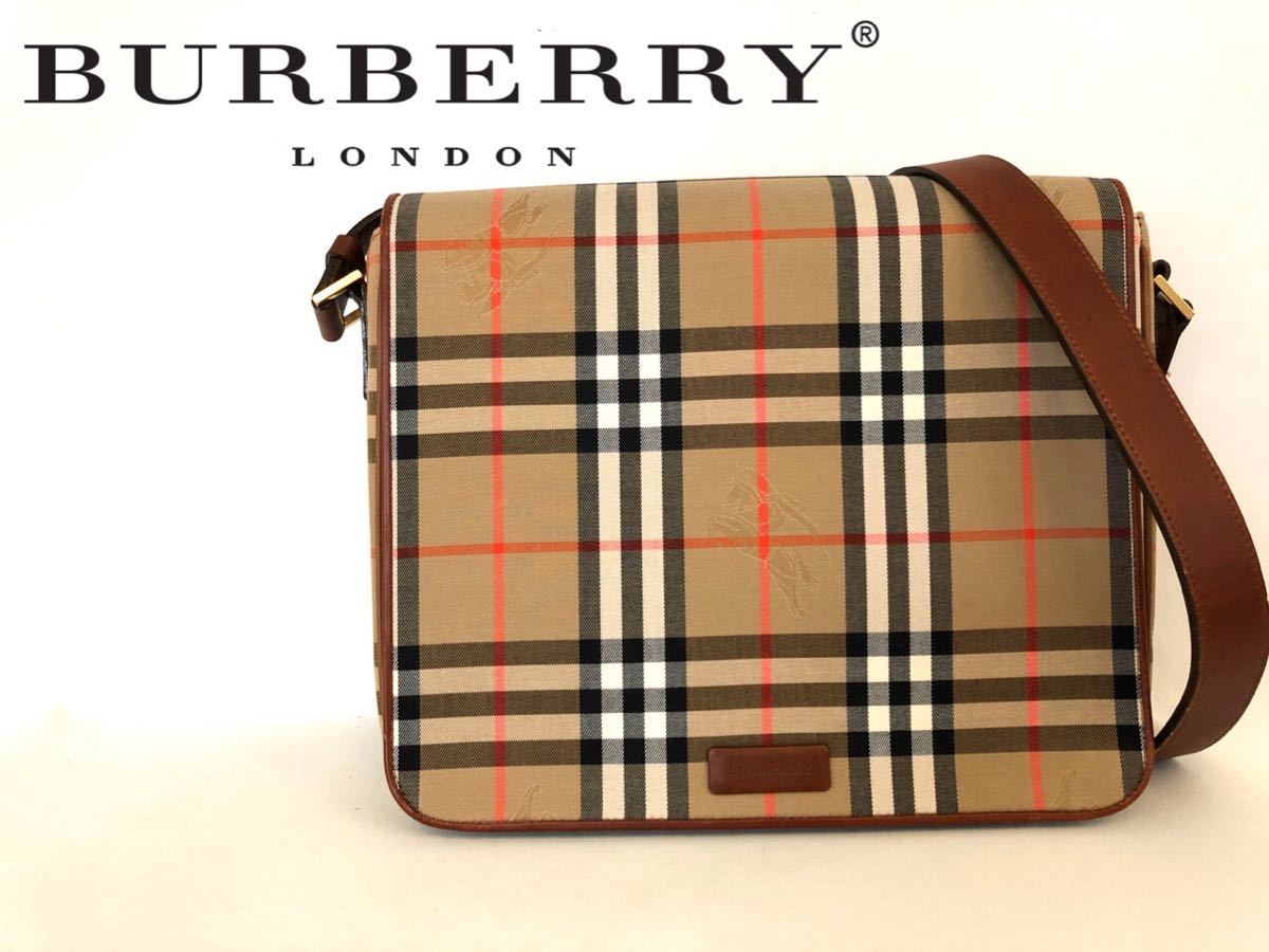 良品!!Burberry バーバリー☆ノバチェック レザー メッセンジャー 
