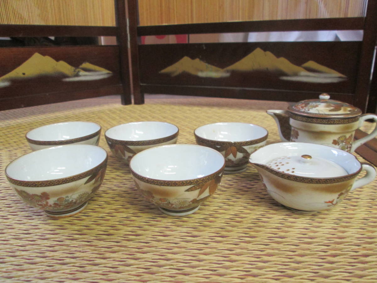 品質保証，限定SALE 時代陶磁器 九谷 金彩染付花鳥 青粒 煎茶揃 湯呑み 急須 湯冷まし(湯呑み、カップ)｜売買されたオークション情報、yahooの商品情報をアーカイブ公開 - オークファン 九谷