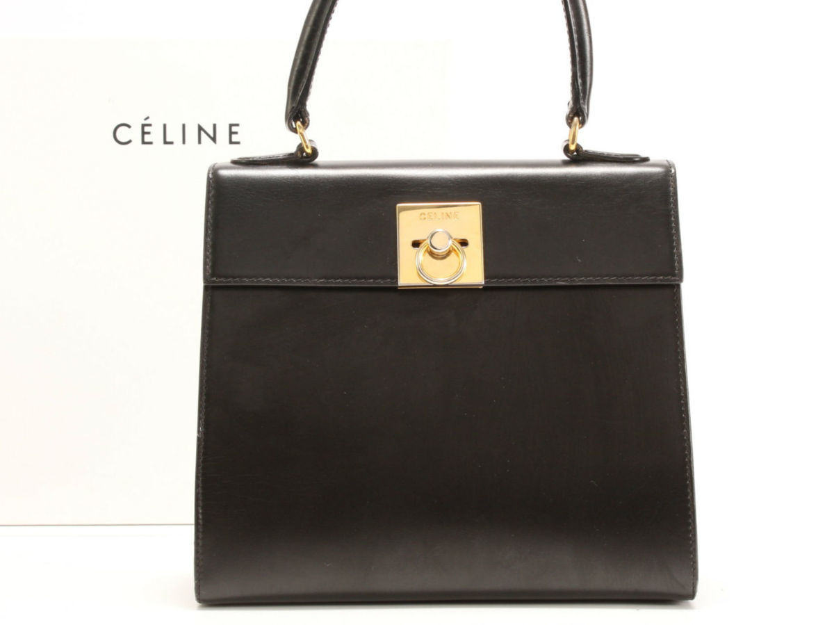 1円 レア ヴィンテージ セリーヌ ボックス カーフ レザー ケリー 型 トップ ハンドル ハンドバッグ 革 レディース ビジネス トート 黒 YT95 セリーヌ CELINE 馬車金具 ◇1 ショルダーバッグ 旧ロゴ