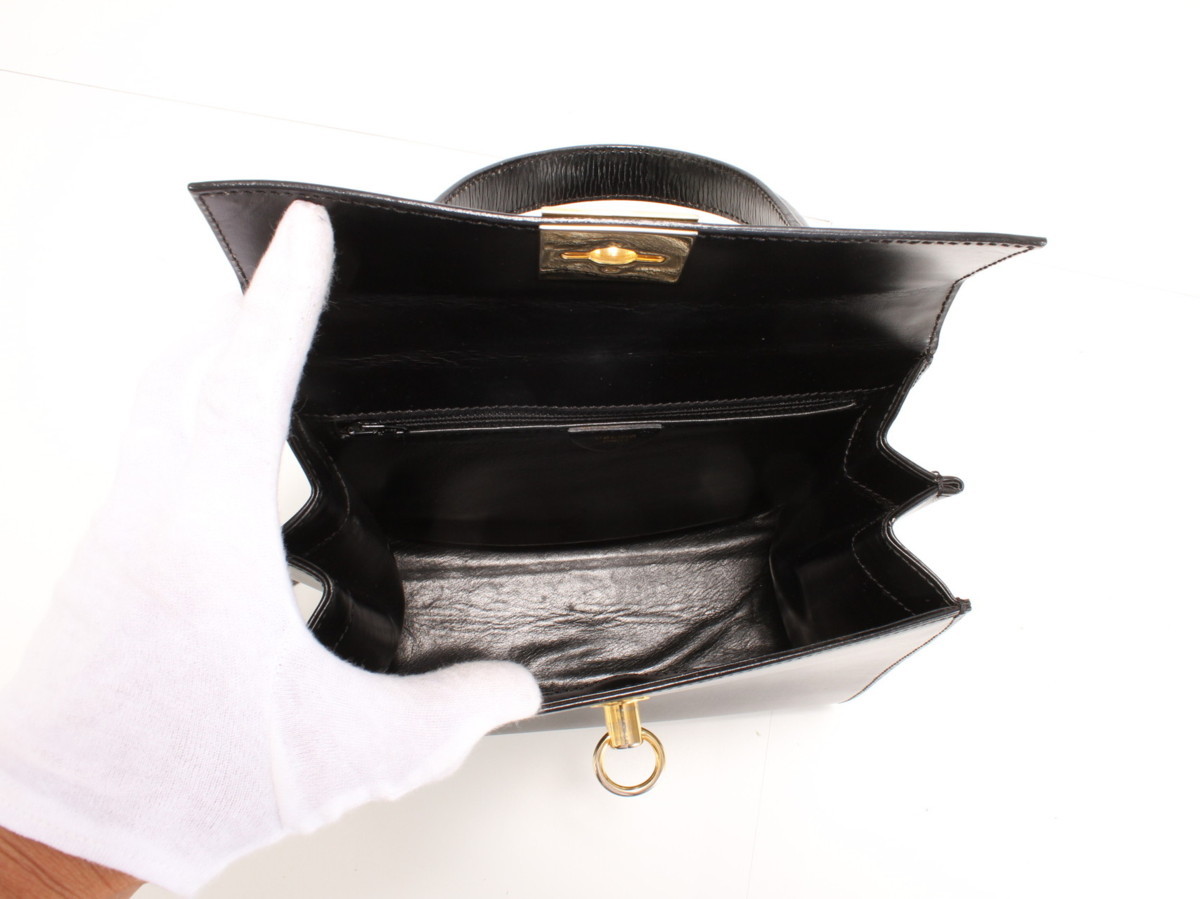 1円 レア ヴィンテージ セリーヌ ボックス カーフ レザー ケリー 型 トップ ハンドル ハンドバッグ 革 レディース ビジネス トート 黒 YT95 セリーヌ CELINE 馬車金具 ◇1 ショルダーバッグ 旧ロゴ