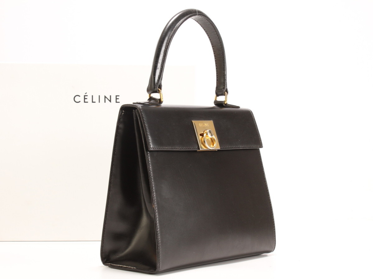 1円 レア ヴィンテージ セリーヌ ボックス カーフ レザー ケリー 型 トップ ハンドル ハンドバッグ 革 レディース ビジネス トート 黒 YT95 セリーヌ CELINE 馬車金具 ◇1 ショルダーバッグ 旧ロゴ