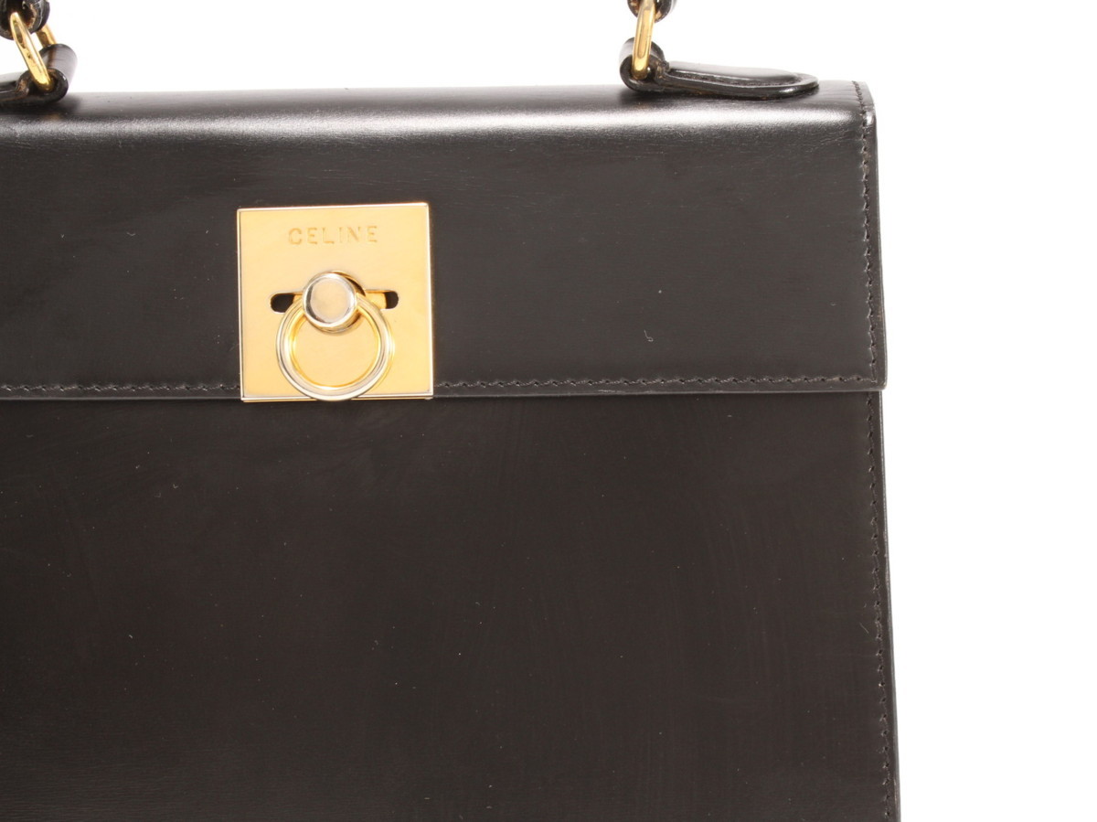 1円 レア ヴィンテージ セリーヌ ボックス カーフ レザー ケリー 型 トップ ハンドル ハンドバッグ 革 レディース ビジネス トート 黒 YT95 セリーヌ CELINE 馬車金具 ◇1 ショルダーバッグ 旧ロゴ