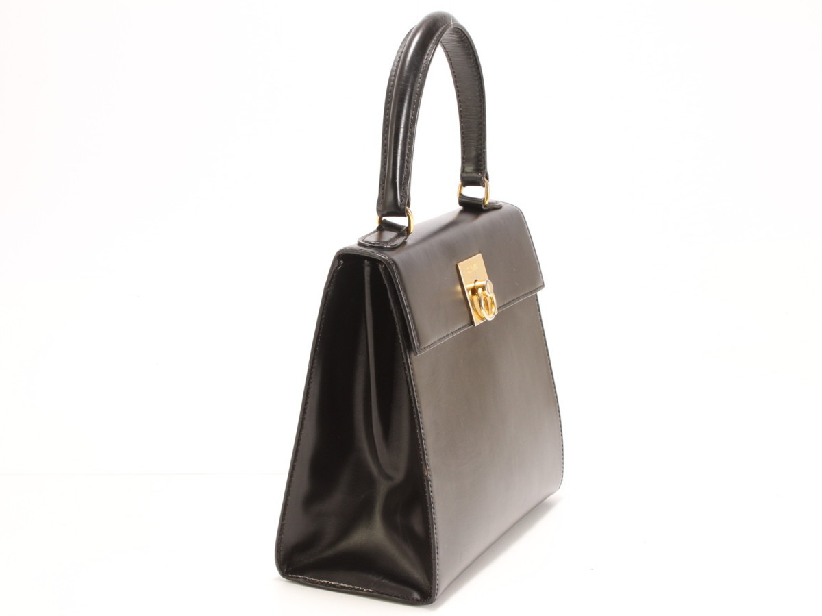 1円 レア ヴィンテージ セリーヌ ボックス カーフ レザー ケリー 型 トップ ハンドル ハンドバッグ 革 レディース ビジネス トート 黒 YT95 セリーヌ CELINE 馬車金具 ◇1 ショルダーバッグ 旧ロゴ