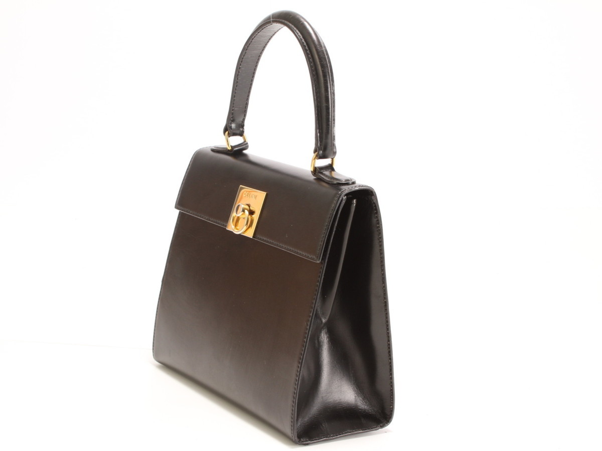 1円 レア ヴィンテージ セリーヌ ボックス カーフ レザー ケリー 型 トップ ハンドル ハンドバッグ 革 レディース ビジネス トート 黒 YT95 セリーヌ CELINE 馬車金具 ◇1 ショルダーバッグ 旧ロゴ