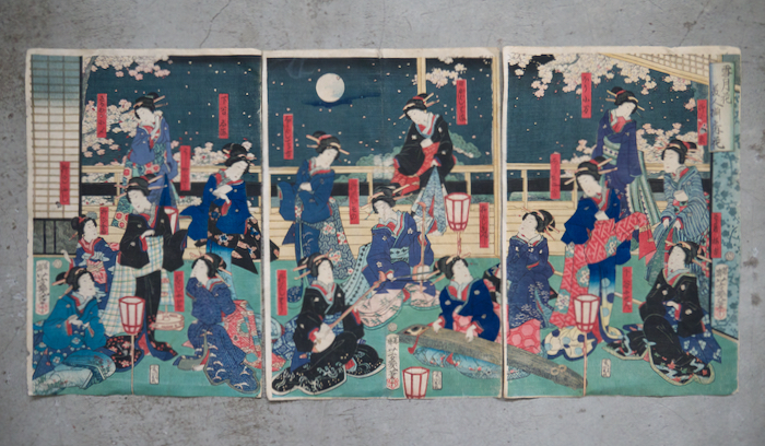 【人気定番,新品】 本物 浮世絵3枚綴り 一恵斉芳幾(落合芳幾)「雪月花美人揃之内花」