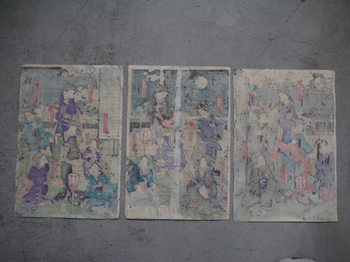 【人気定番,新品】 本物 浮世絵3枚綴り 一恵斉芳幾(落合芳幾)「雪月花美人揃之内花」