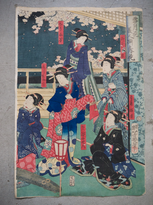【人気定番,新品】 本物 浮世絵3枚綴り 一恵斉芳幾(落合芳幾)「雪月花美人揃之内花」