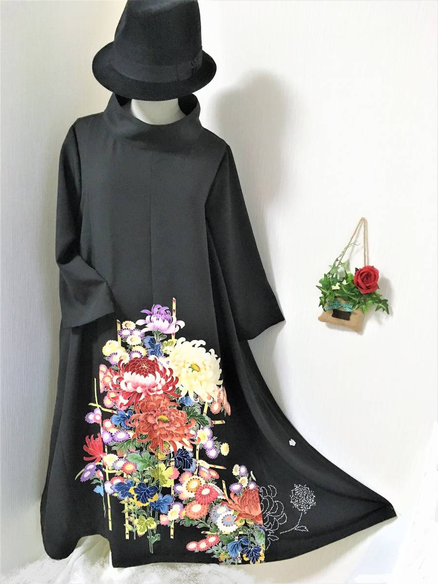 アンティーク刺繍金駒刺繍菊花花菱振袖晴れの日 着物 022a 古布 アンティーク刺繍金駒刺繍菊花花菱振袖晴れの日 着物 022a 古布