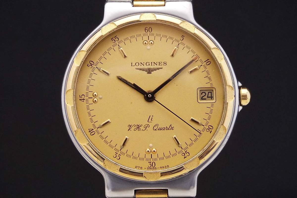 稼働 LONGINES 腕時計 ゴールド文字盤 レザー デイト 1724 LONGINES ロンジン/Conquest コンクエスト/V.H.P/クオーツ/メンズ