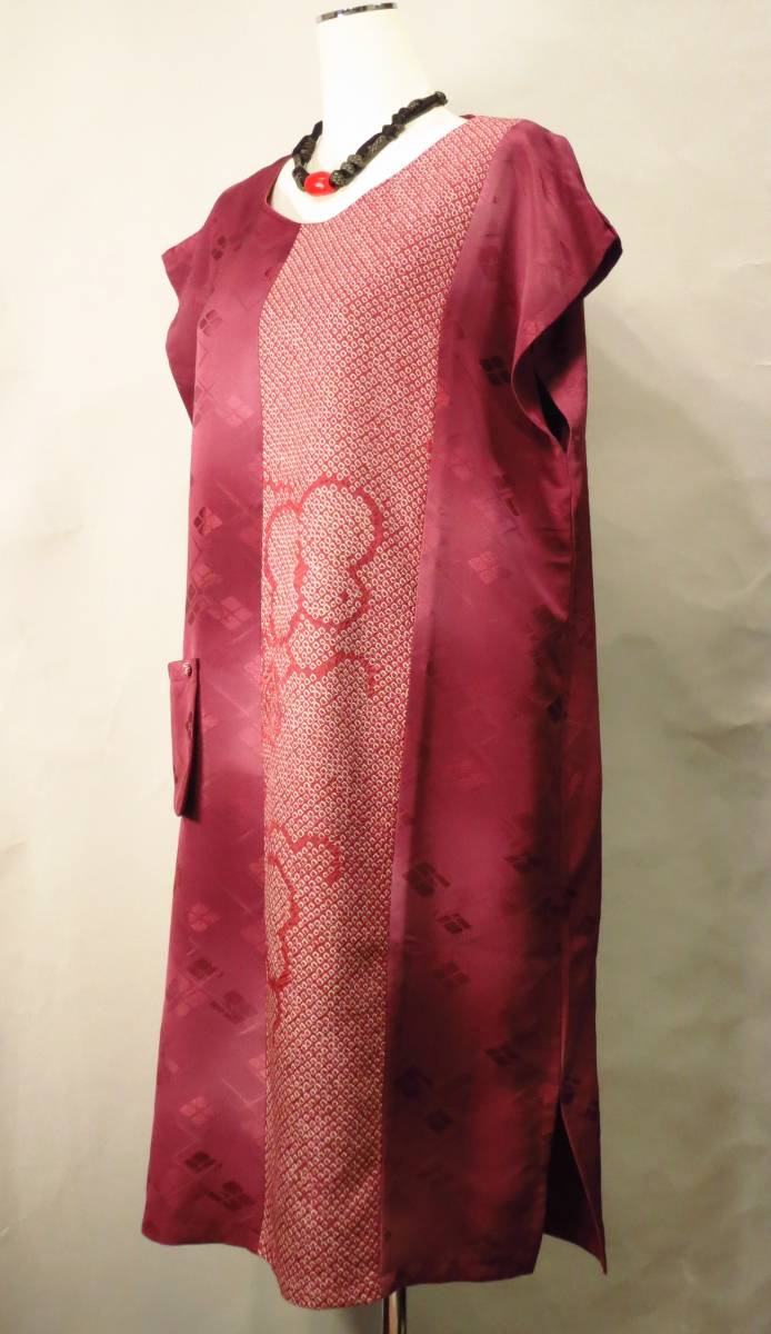 【新作登場】 手作り エンジ色の総絞り着物を 同色の無地着物に合わせてリメイクした チュニックワンピース(チュニック)｜売買されたオークション情報、yahooの商品情報をアーカイブ公開 - オークファン チュニック