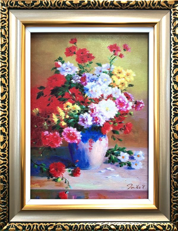 油絵 静物画『カーネーションと青の花瓶』Mila.P作1点物 豪華 華やか