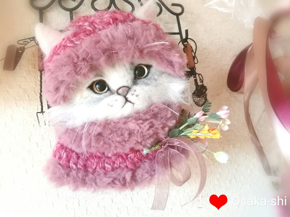 チンチラ子猫ちゃんモフモフ帽子ブローチ(ФωФ)羊毛フェルト