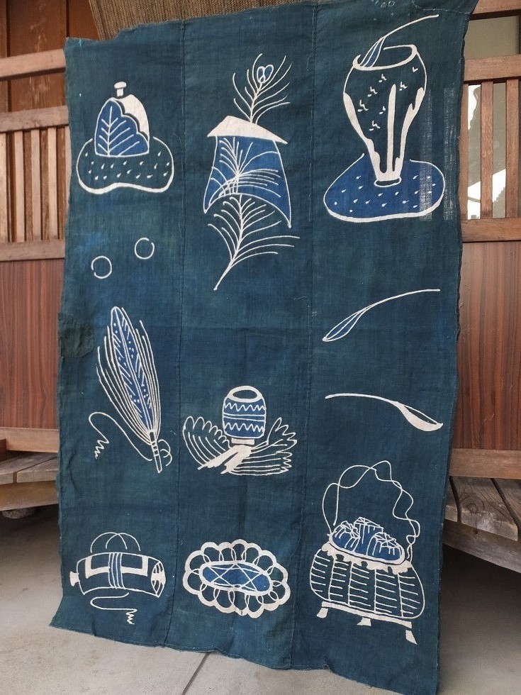 藍染筒描き三巾加賀のれん時代物木綿古布　ソ-171 木綿 筒描き 古布 藍染 縞 襤褸 継ぎ 継ぎ接ぎ 絣 藍無地 0 ボロ Yogi